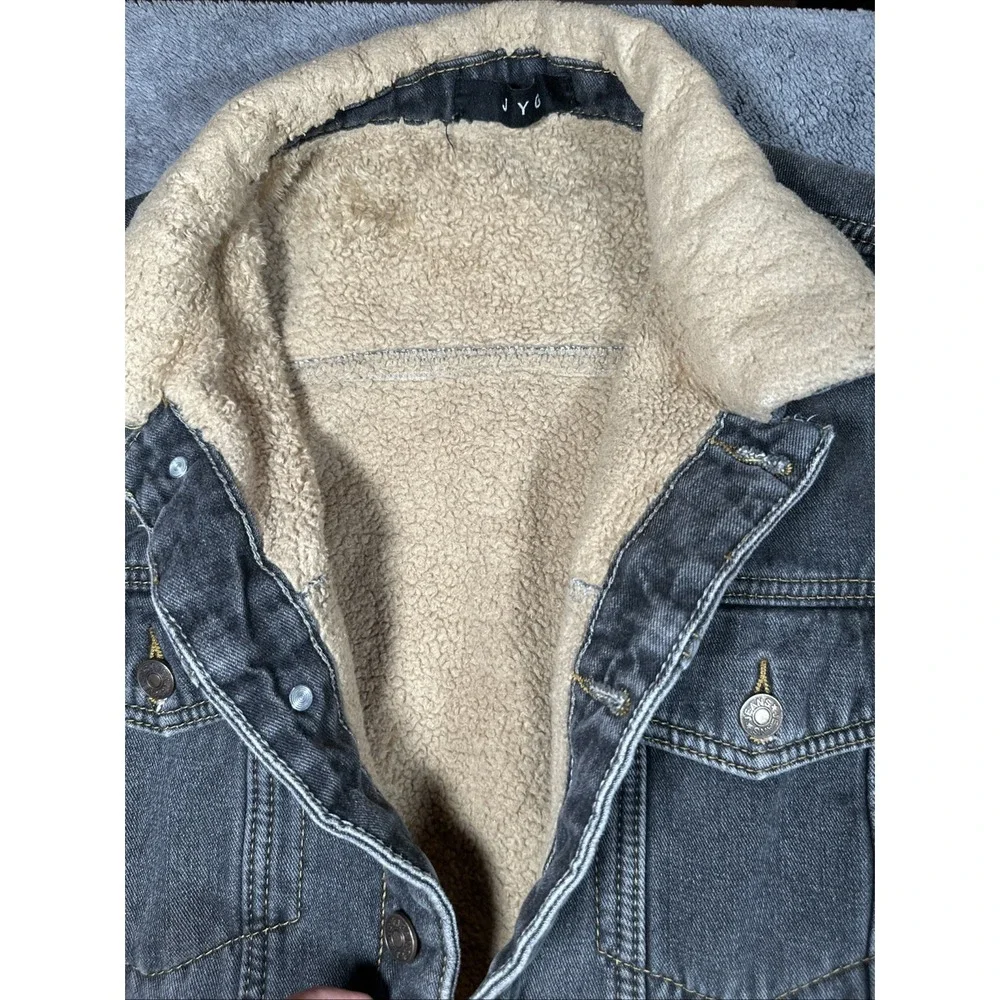JYG Sherpa Lined Denim Trucker Jacket Gray Washed Button Front Men‎ L